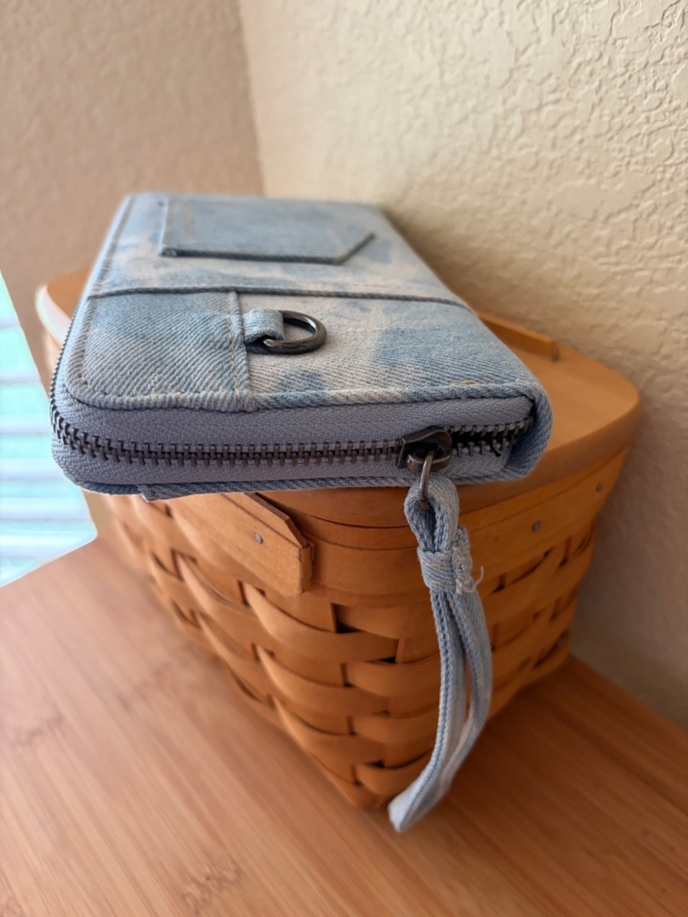 Denim Wristlet Wallet with Bleached Detail - Picture 6 of 7
